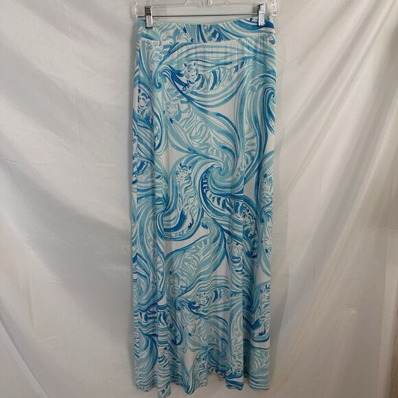 Lilly Pulitzer Nola Maxi Skirt Sea Ruffles Blue Stretch Womens XS Beach Vacation - Picture 1 of 4